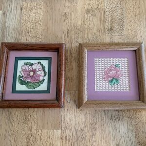 Pair of framed vintage cross stitch flowers (6x6")